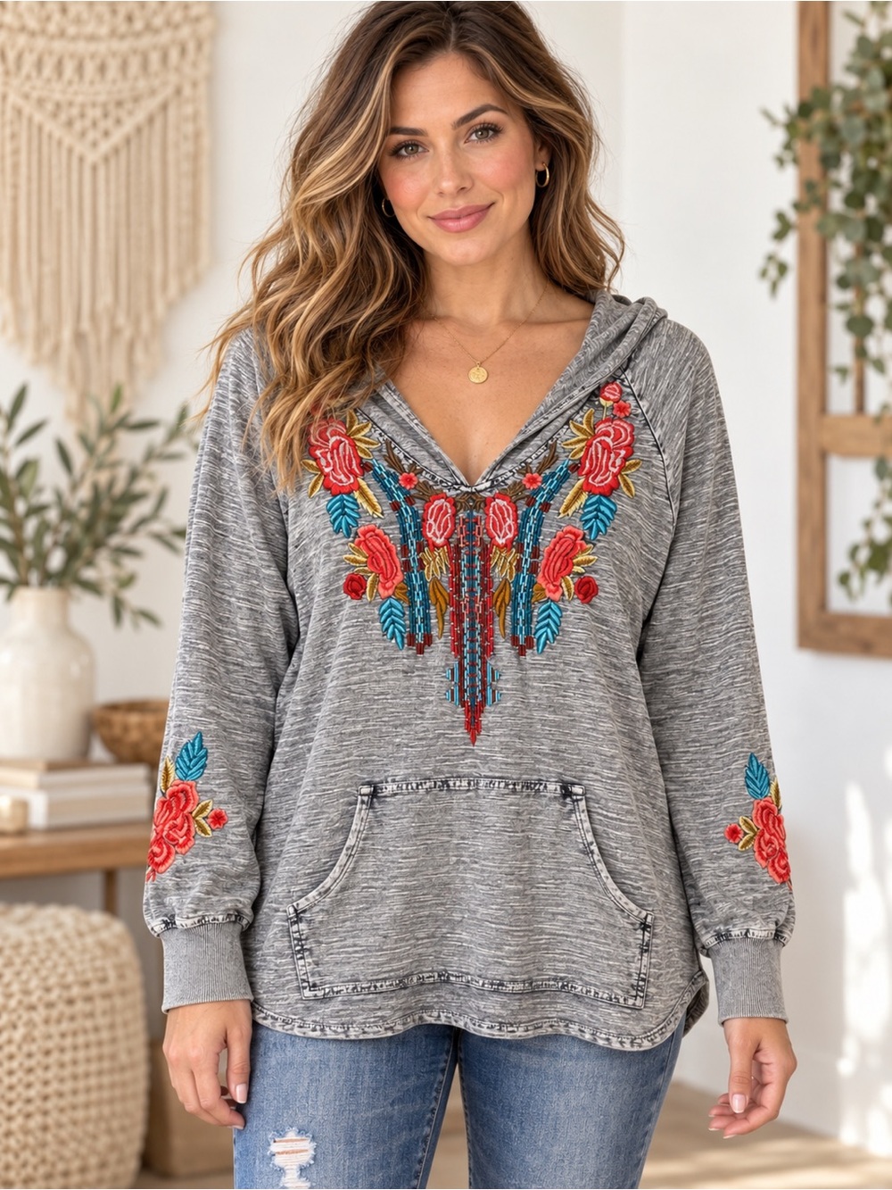 NWOT Avani Embroidered Gray Hooded Pullover with Floral Accent Size Medium